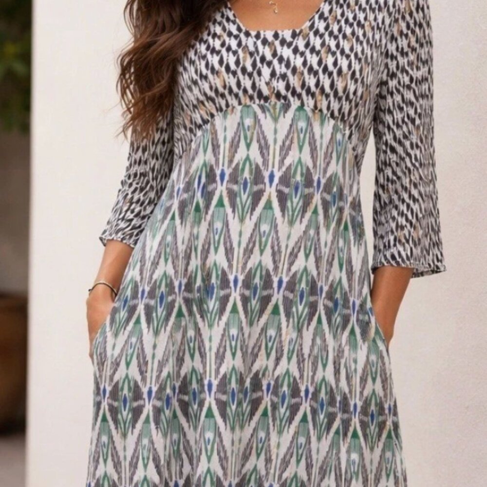 Chico's Maxi Dress Ikat Print Long Sleeve V Neck - US Size 4